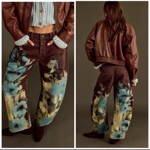 Free People We The Free Good Luck Printed Barrel Jeans Washed Floral Brown Sz 30